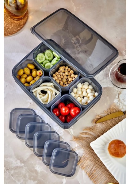 6'lı Kare Tepsili ve Bölmeli Kapaklı Çizgili Vakumlu Kahvaltılık Seti