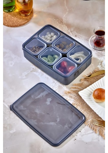 6'lı Kare Tepsili ve Bölmeli Kapaklı Çizgili Vakumlu Kahvaltılık Seti modelleri
