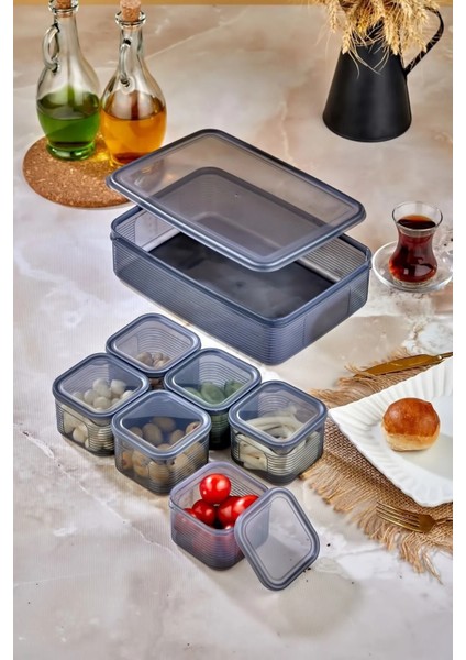 6'lı Kare Tepsili ve Bölmeli Kapaklı Çizgili Vakumlu Kahvaltılık Seti fırsatları