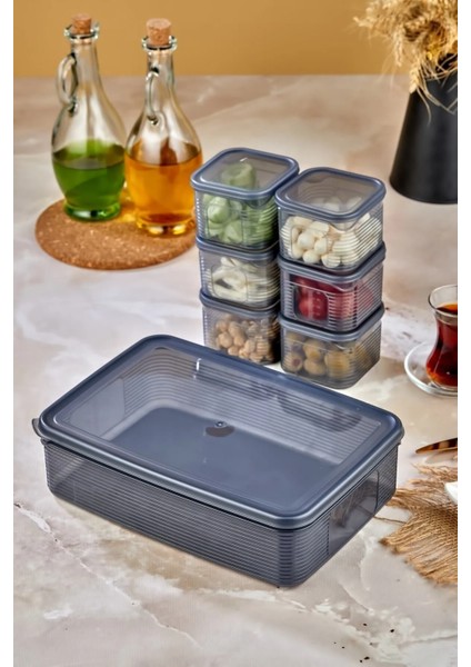 6'lı Kare Tepsili ve Bölmeli Kapaklı Çizgili Vakumlu Kahvaltılık Seti