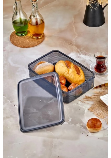 6'lı Kare Tepsili ve Bölmeli Kapaklı Çizgili Vakumlu Kahvaltılık Seti