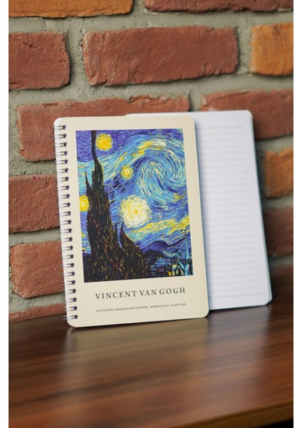 A5 Spiralli Karton Kapak 4'lü Set Çizgili Ders Programlı Not Okul Defteri - Van Gogh modelleri