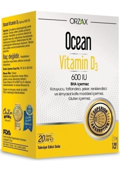 Vitamin D3 600 IU Takviye Edici Gıda 20 ml Koruyucu ve Kimyasal Katkı Maddesi İçermez