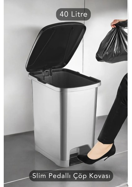 Slim Pedallı Banyo Mutfak Çöp Kovası - 40 Litre - Antrasit (Iç Kovasız)