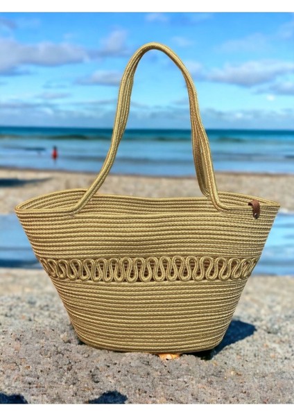 Hasır Jüt Kadın Omuz Çantası, %100 El Yapımı, Pamuk, Vegan, Jüt Hasır Plaj Çantası