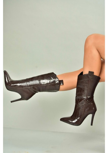 N372677511 Kahverengi Kroko Baskı Ince Topuklu Kadın Bot fiyatları