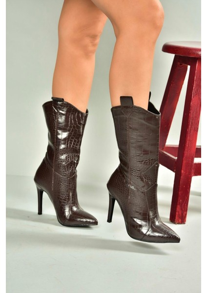 N372677511 Kahverengi Kroko Baskı Ince Topuklu Kadın Bot fırsatları