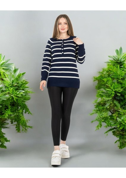 Çizgili Geniş Patlı Yakalı Kazak Lacivert