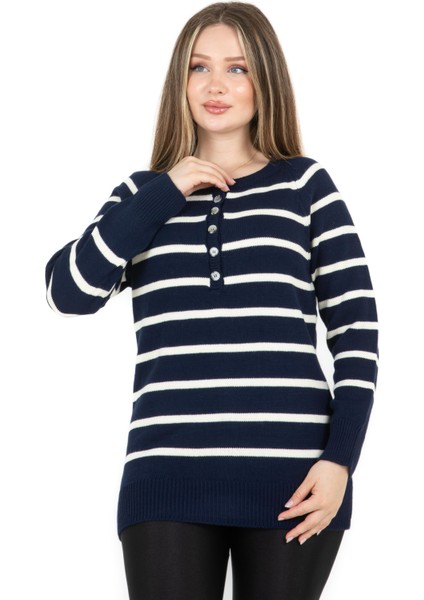 Çizgili Geniş Patlı Yakalı Kazak Lacivert fiyatları