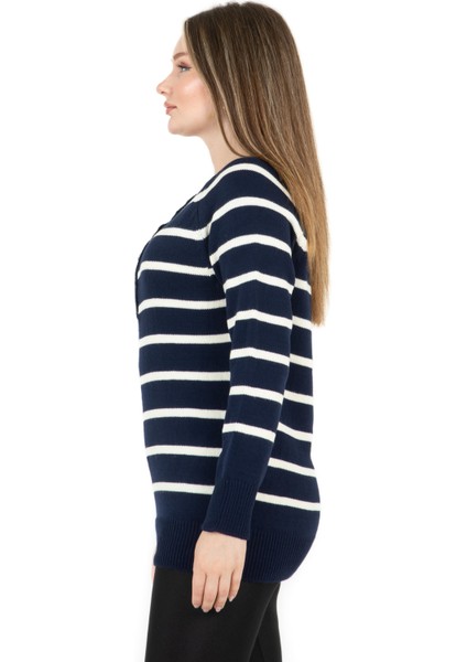 Çizgili Geniş Patlı Yakalı Kazak Lacivert modelleri