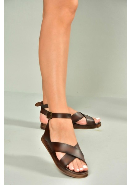 U390904203 Kahverengi Hakiki Deri Kadın Sandalet