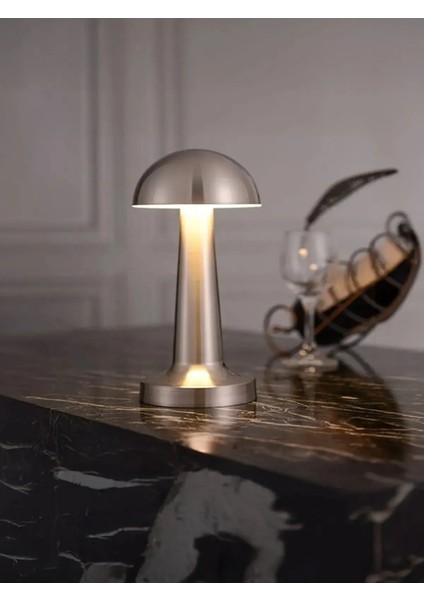 Dokunmatik Şarjlı 3 Kademeli Işıklı Gece Lambası USB Girişli Gümüş Metal Mantar Masa Lambası