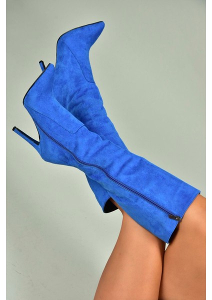 N372530102 Saks Mavi Süet Ince Topuklu Kadın Çizme