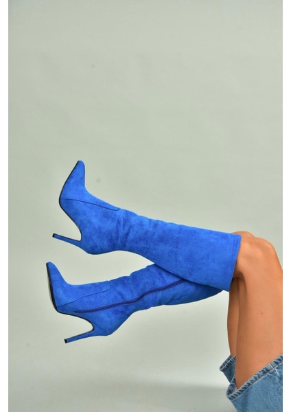 N372530102 Saks Mavi Süet Ince Topuklu Kadın Çizme fırsatları