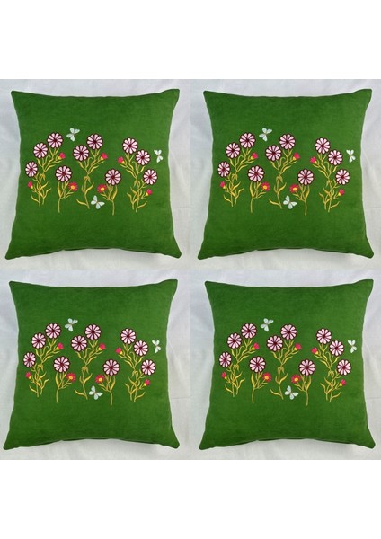 Pembe Renk Çiçek Desenli Nakışlı Yastık Kılıfı 40X40 | Kırlent Kılıfı Fermuarlı 4lü