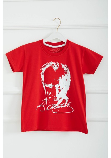 Erkek Çocuk Kirmizi Bisiklet Yaka Atatürk Baskılı Kısa Kollu Unisex T-Shirt - 26847
