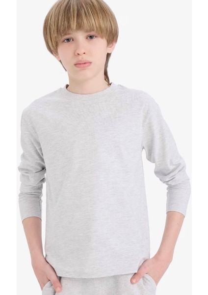 Bisiklet Yaka Basic Düz Gri Erkek Çocuk Uzun Kollu T-Shirt K1686A6/GR400