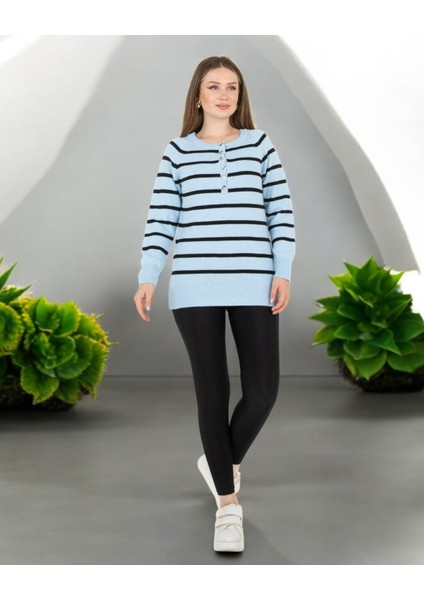 Çizgili Geniş Patlı Yakalı Kazak Mavi