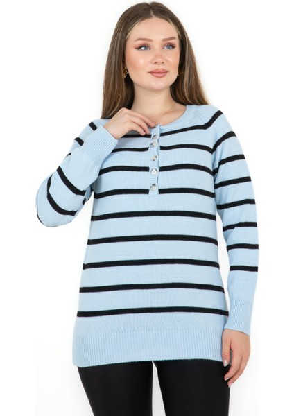 Çizgili Geniş Patlı Yakalı Kazak Mavi fiyatları