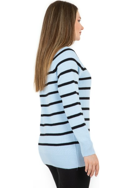 Çizgili Geniş Patlı Yakalı Kazak Mavi fırsatları