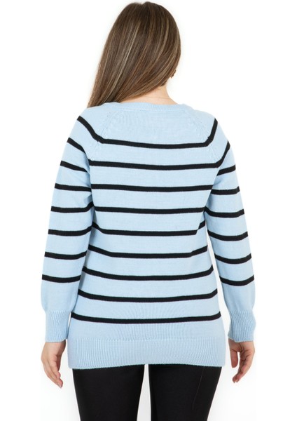 Çizgili Geniş Patlı Yakalı Kazak Mavi indirimleri