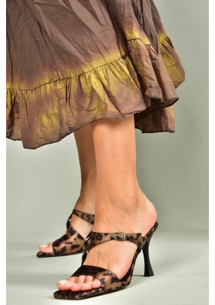 U590034404 Siyah/leopar Kumaş Topuklu Kadın Terlik modelleri