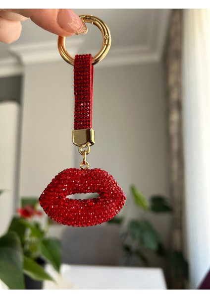 Zirkon Taşlı Kırmızı Dudak Model Anahtarlık