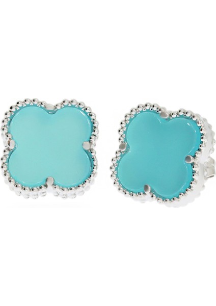 Kadın Turkuaz Yonca Model Büyük Çelik Küpe