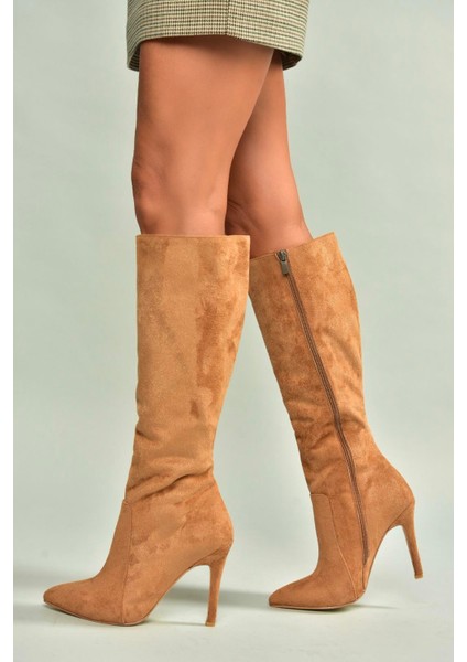 N372530102 Taba Süet Ince Topuklu Kadın Çizme
