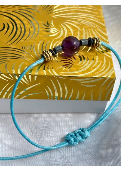 Küre Kesim Ametist Doğal Taşlı Ayarlanabilir Makrome Kadın Bileklik - Mor Kırmızı Turkuaz Ip