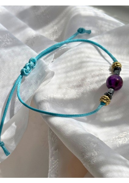 Küre Kesim Ametist Doğal Taşlı Ayarlanabilir Makrome Kadın Bileklik - Mor Kırmızı Turkuaz Ip fiyatları