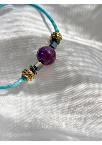 Küre Kesim Ametist Doğal Taşlı Ayarlanabilir Makrome Kadın Bileklik - Mor Kırmızı Turkuaz Ip modelleri