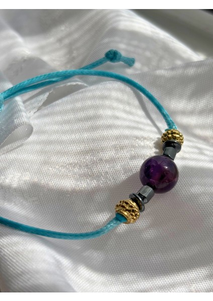 Küre Kesim Ametist Doğal Taşlı Ayarlanabilir Makrome Kadın Bileklik - Mor Kırmızı Turkuaz Ip fırsatları