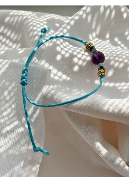 Küre Kesim Ametist Doğal Taşlı Ayarlanabilir Makrome Kadın Bileklik - Mor Kırmızı Turkuaz Ip indirimleri