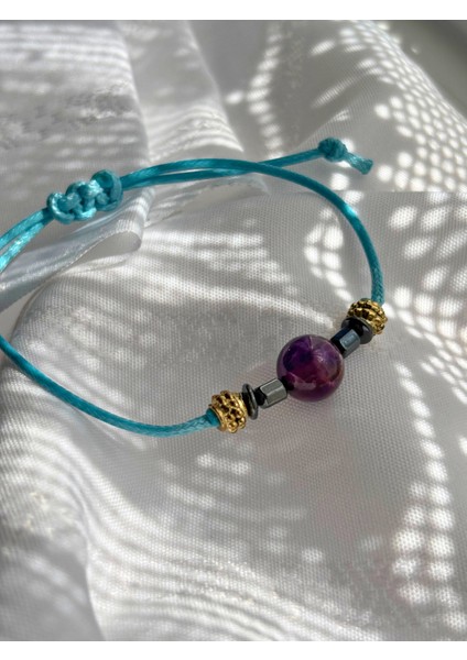 Küre Kesim Ametist Doğal Taşlı Ayarlanabilir Makrome Kadın Bileklik - Mor Kırmızı Turkuaz Ip