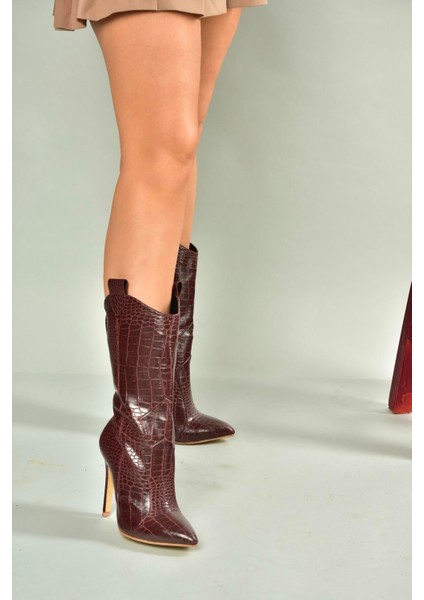 N372677511 Bordo Kroko Baskı Ince Topuklu Kadın Bot fiyatları