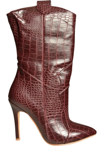 N372677511 Bordo Kroko Baskı Ince Topuklu Kadın Bot indirimleri