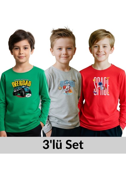 Erkek Çocuk Bisiklet Yaka Baskı Detaylı 3'lü Basic Sweatshirt