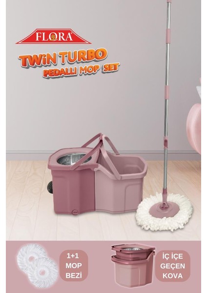 Twin Turbo Pedallı Çelik Mop Set, Temiz ve Kirli Suyu Ayıran Otomatik Temizlik Seti (1+1 Mop) Pembe