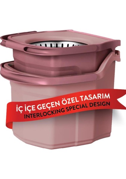 Twin Turbo Pedallı Çelik Mop Set, Temiz ve Kirli Suyu Ayıran Otomatik Temizlik Seti (1+1 Mop) Pembe modelleri