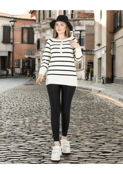 Çizgili Geniş Patlı Yakalı Kazak Ekru