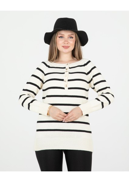 Çizgili Geniş Patlı Yakalı Kazak Ekru modelleri