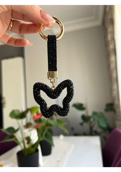 Zirkon Taşlı Siyah Kelebek Anahtarlık Modeli
