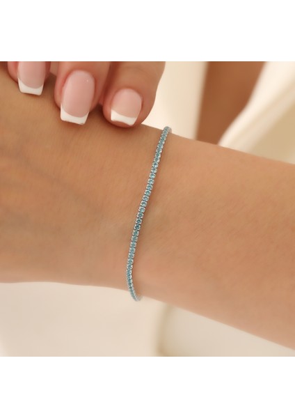 925 Ayar Gümüş Mavi Renk Aquamarine Zirkon Taşlı Rodyumlu Suyolu Bileklik modelleri