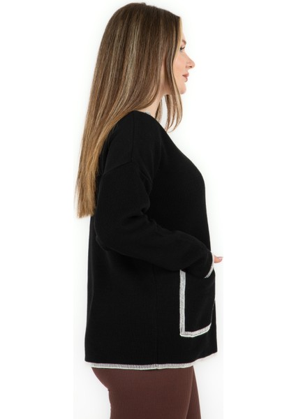 V Yaka Cepli Kazak Siyah fırsatları