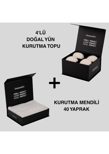 4'lü Doğal Yün Kurutma Topu ve Kurutma Mendili Seti