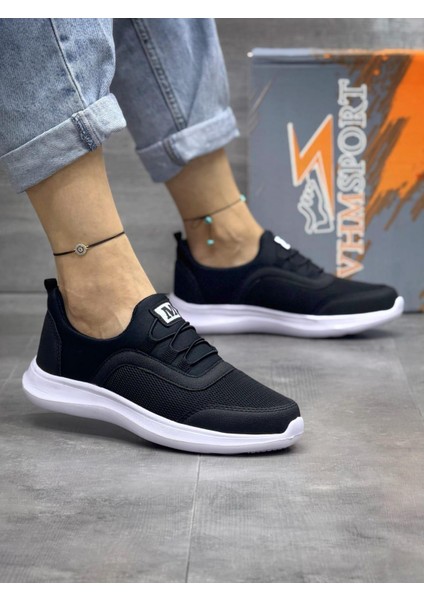 Unisex Fuspetli Triko Ortopedik Faylon Taban Spor Ayakkabı-Siyah-Beyaz