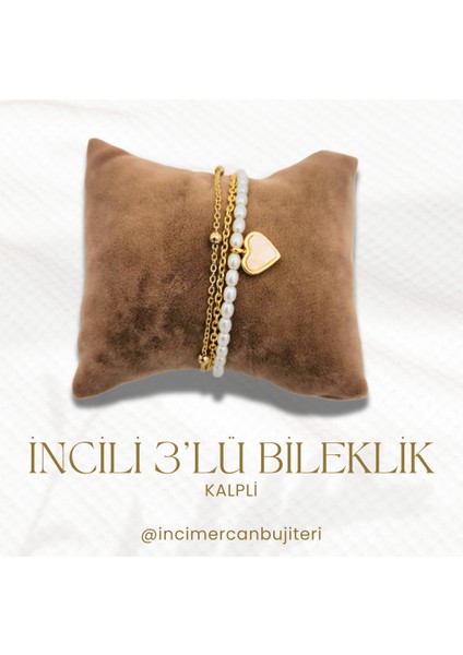 Incili 3'lü Bileklik - Kalpli