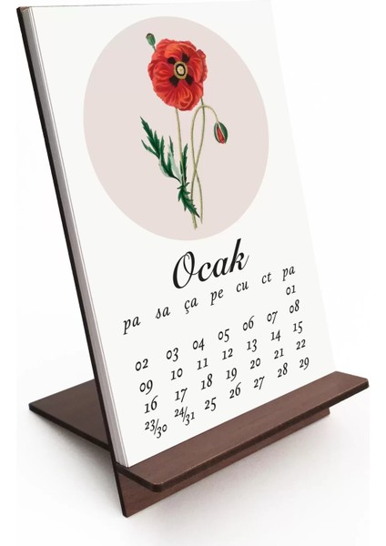 2026 Çiçekli Takvim, Ahşap Takvim, Çiçek Resimli Masa Takvimi, 2026 Takvim