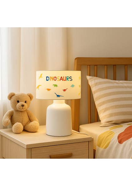 Dinazor Desen Kumaş Abajur | Çocuk Odası Dekoratif Gece Lambası | Sevimli Masa Lambası Modeli